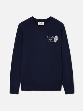 Pull ras-du-cou Heron Light en mélange de laine et cachemire Navy blue avec broderie Non Voglio Mica La Luna 
