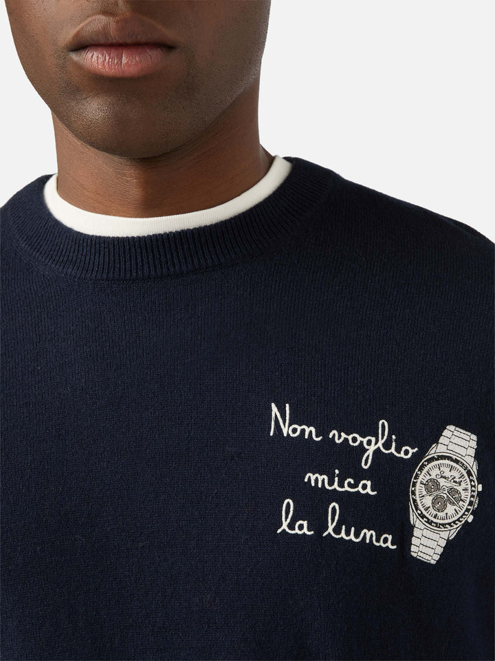 Navy blue Heron Light wool and cashmere blend crewneck with Non Voglio Mica La Luna embroidery