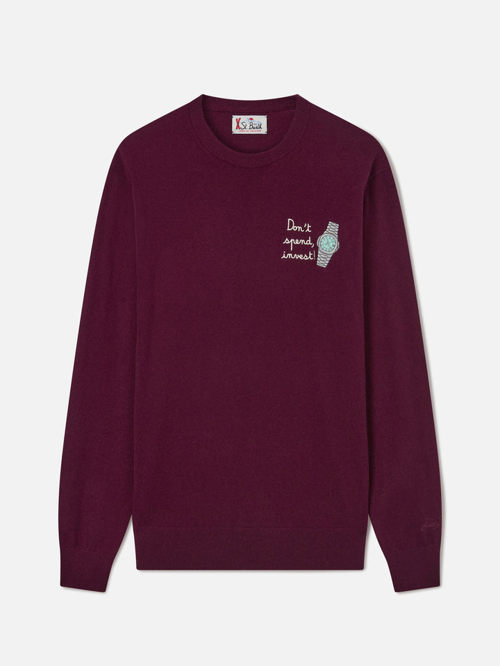 Jersey de cuello redondo Burgundy Heron en mezcla ligera de lana y cachemira con bordado Don't Spend, Invest 