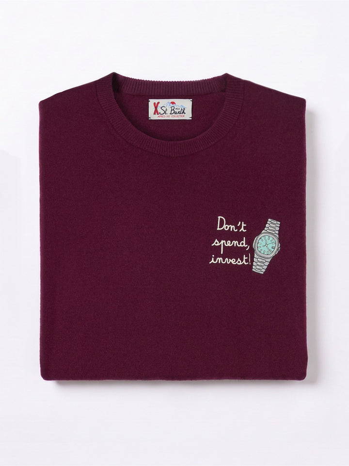 Pull col rond Burgundy Heron en laine légère mélangée et cachemire avec broderie Don't Spend, Invest 