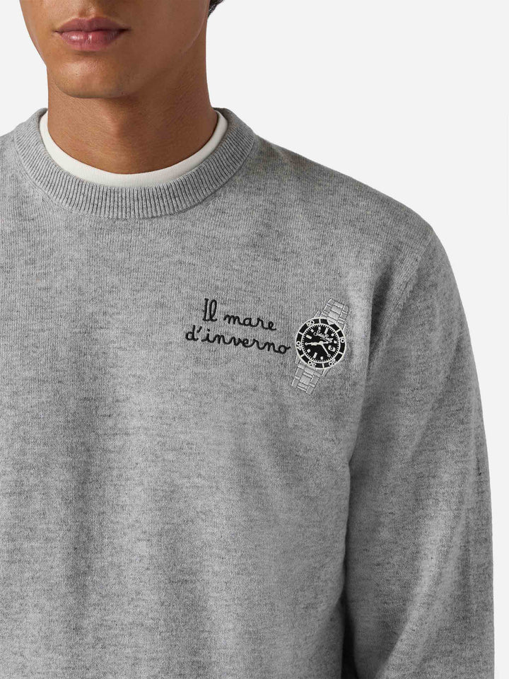Crewneck sweater Heron Light with Il mare d'inverno embroidery