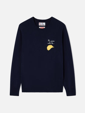 Navy blue Heron Rundhalspullover aus leichtem Woll- und Kaschmir-Mix mit Amica Chips Stickerei | Special edition 