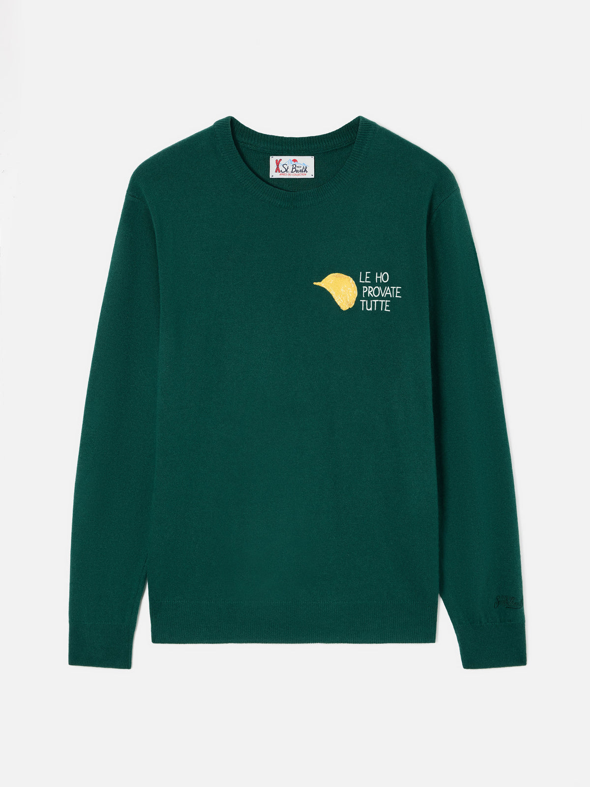 Green Heron jersey de cuello redondo en mezcla de lana ligera y cachemira con bordado Amica Chips | Special edition 