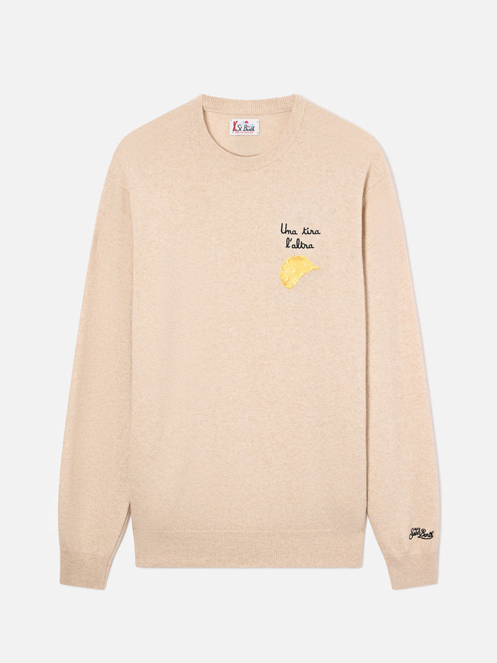 Jersey de cuello redondo Beige Heron en mezcla ligera de lana y cachemira con bordado Amica Chips | Special edition 