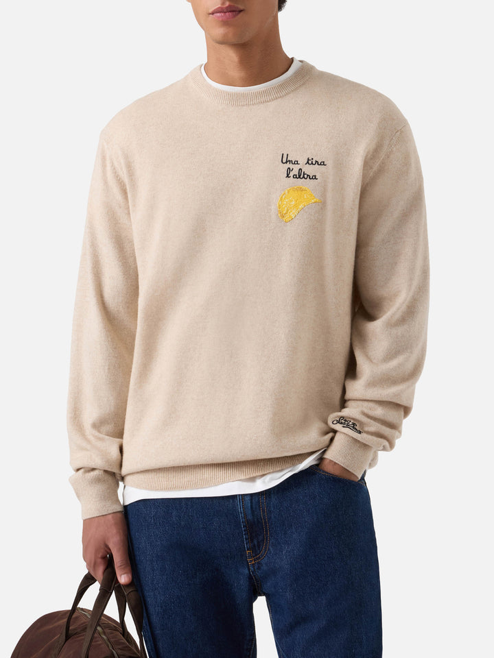 Jersey de cuello redondo Beige Heron en mezcla ligera de lana y cachemira con bordado Amica Chips | Special edition 