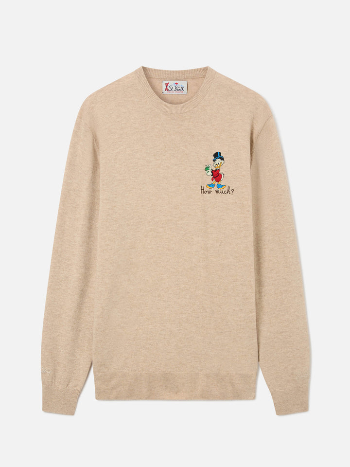 Jersey de cuello redondo Beige Heron en mezcla de lana ligera y cachemira con bordado de Scrooge McDuck | Special edition 
