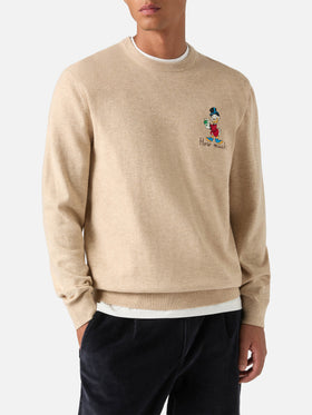 Beige Heron Rundhalspullover aus leichter Wolle und Kaschmirmischung mit Scrooge McDuck-Stickerei | Special edition 