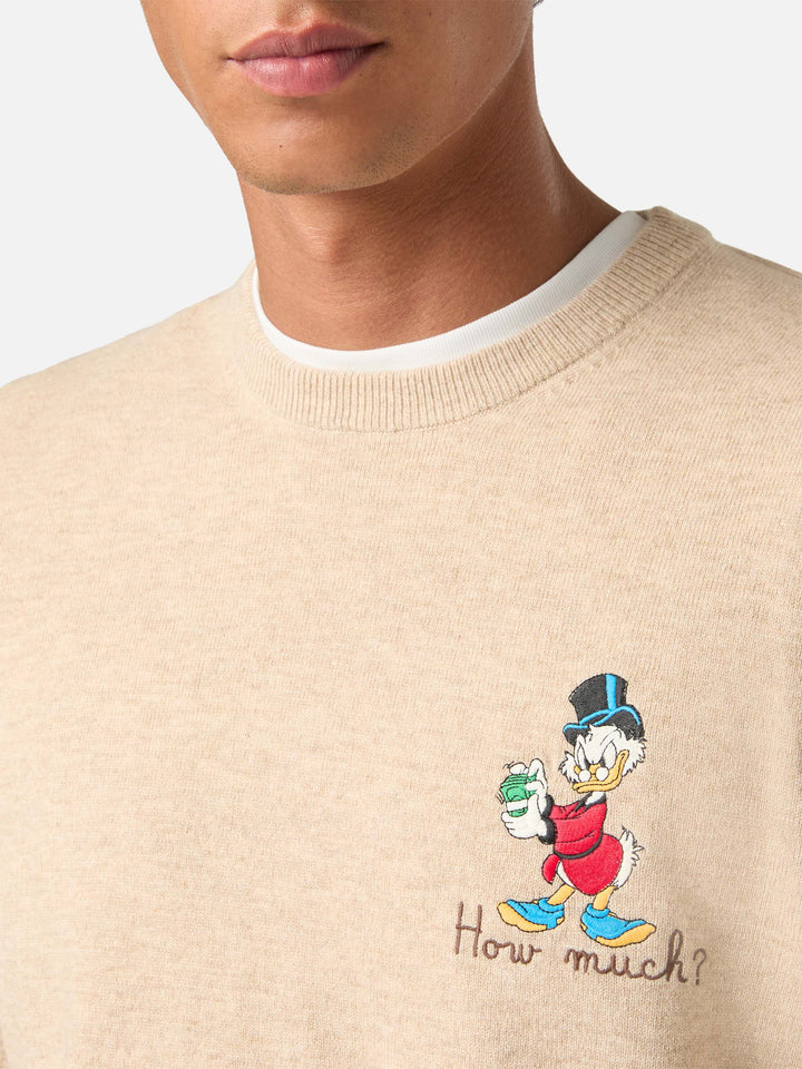 Pull col rond Beige Heron en mélange de laine légère et cachemire avec broderie Scrooge McDuck | Special edition 