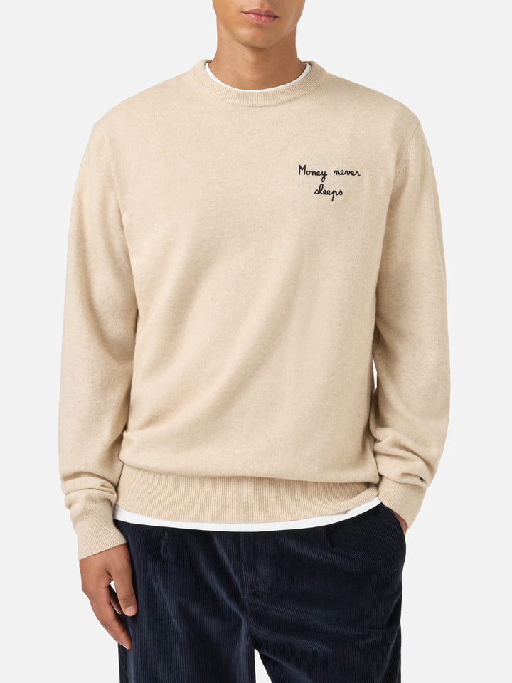 Jersey de punto con cuello redondo Heron Light en beige con bordado Wall Street Money Sleep 