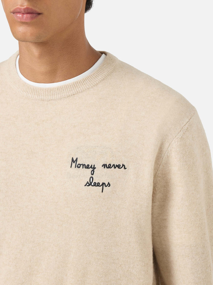 Jersey de punto con cuello redondo Heron Light en beige con bordado Wall Street Money Sleep 