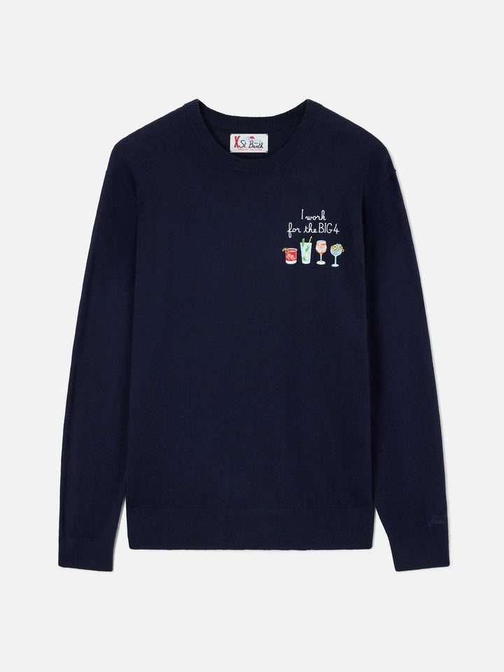 Navy blue Heron col rond en mélange de laine légère et cachemire avec broderie Big 4 
