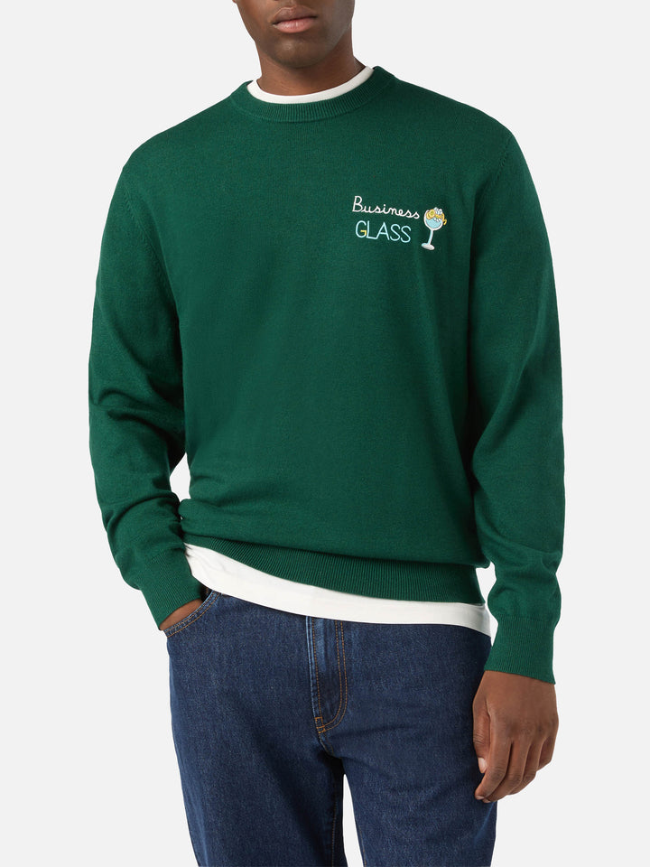 Green Heron jersey de cuello redondo en mezcla ligera de lana y cachemira con bordado Business Glass 