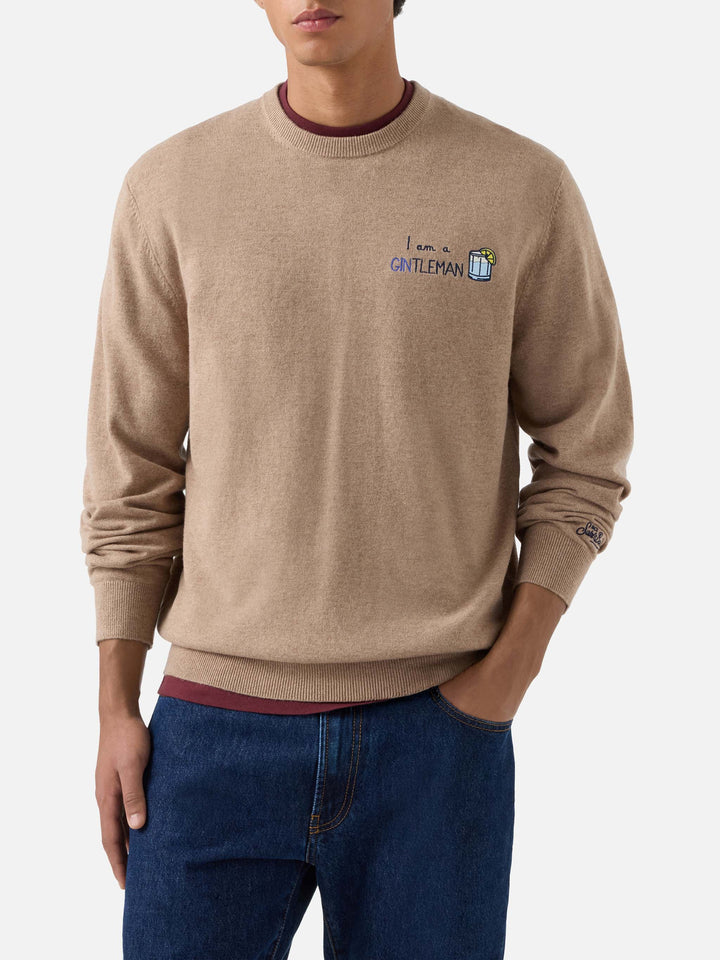 Jersey de cuello redondo Beige Heron en mezcla ligera de lana y cachemir con bordado Gintleman 