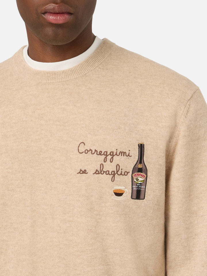 Beige Heron Rundhalspullover aus einer leichten Woll- und Kaschmirmischung mit Baileys-Stickerei | Special edition 