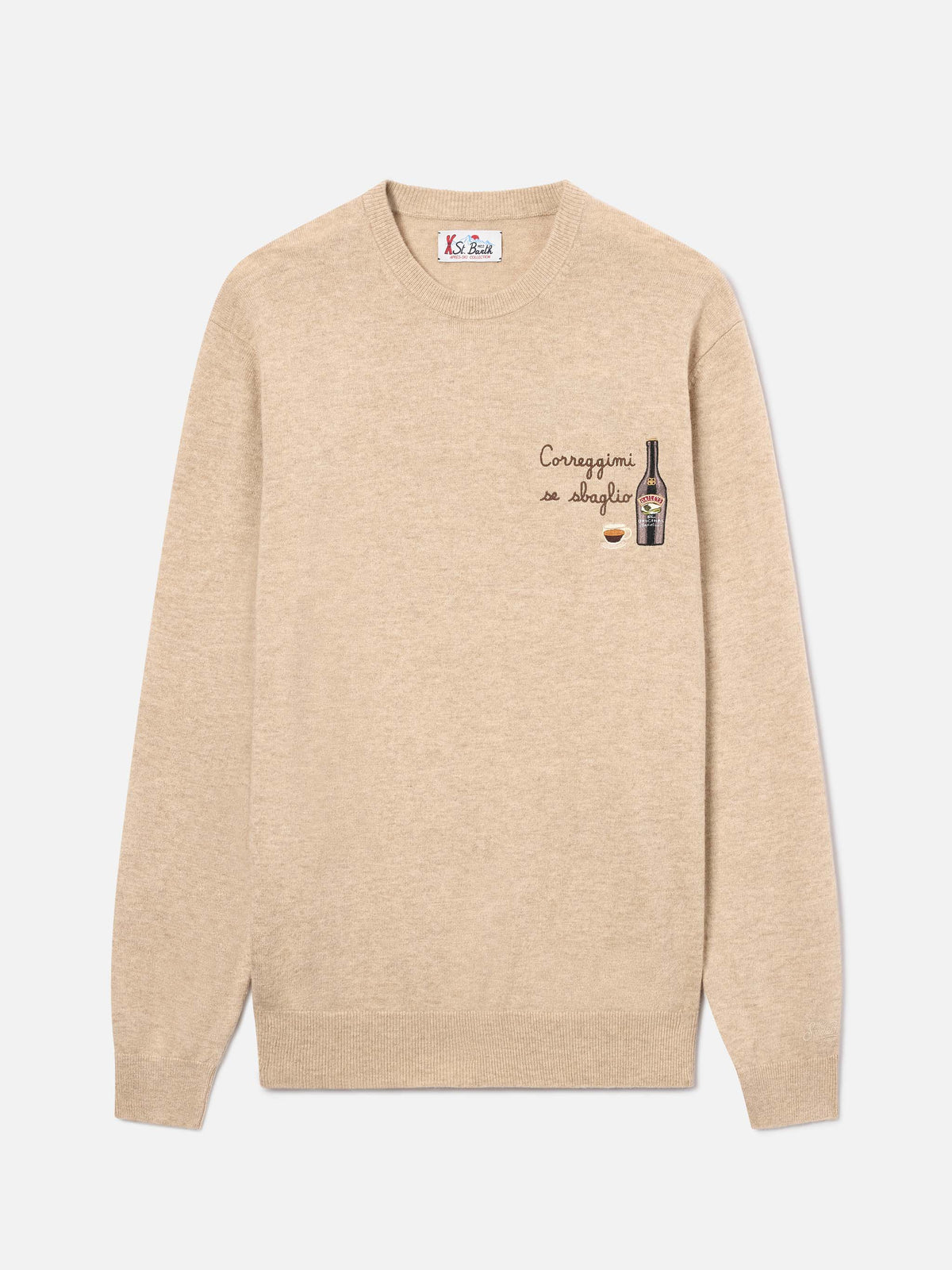 Pull col rond Beige Heron en mélange de laine légère et cachemire avec broderie Baileys | Special edition 