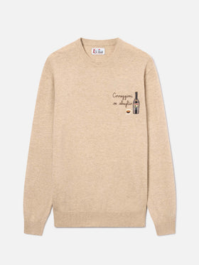Pull col rond Beige Heron en mélange de laine légère et cachemire avec broderie Baileys | Special edition 