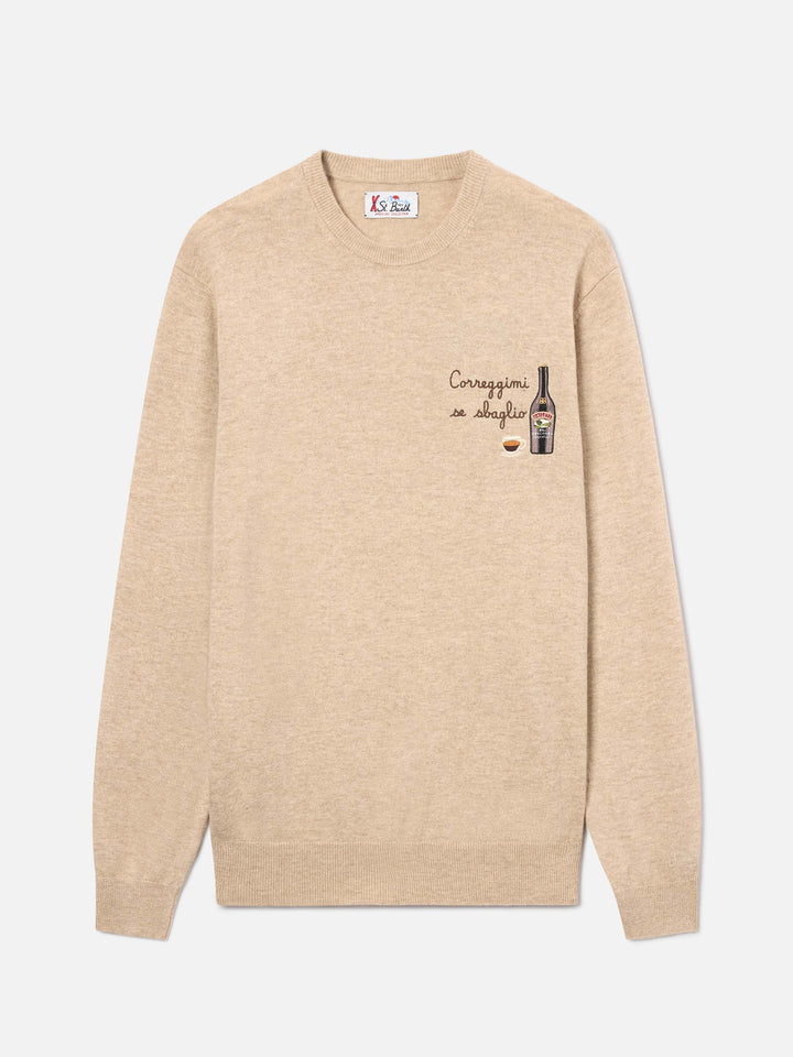 Pull col rond Beige Heron en mélange de laine légère et cachemire avec broderie Baileys | Special edition 