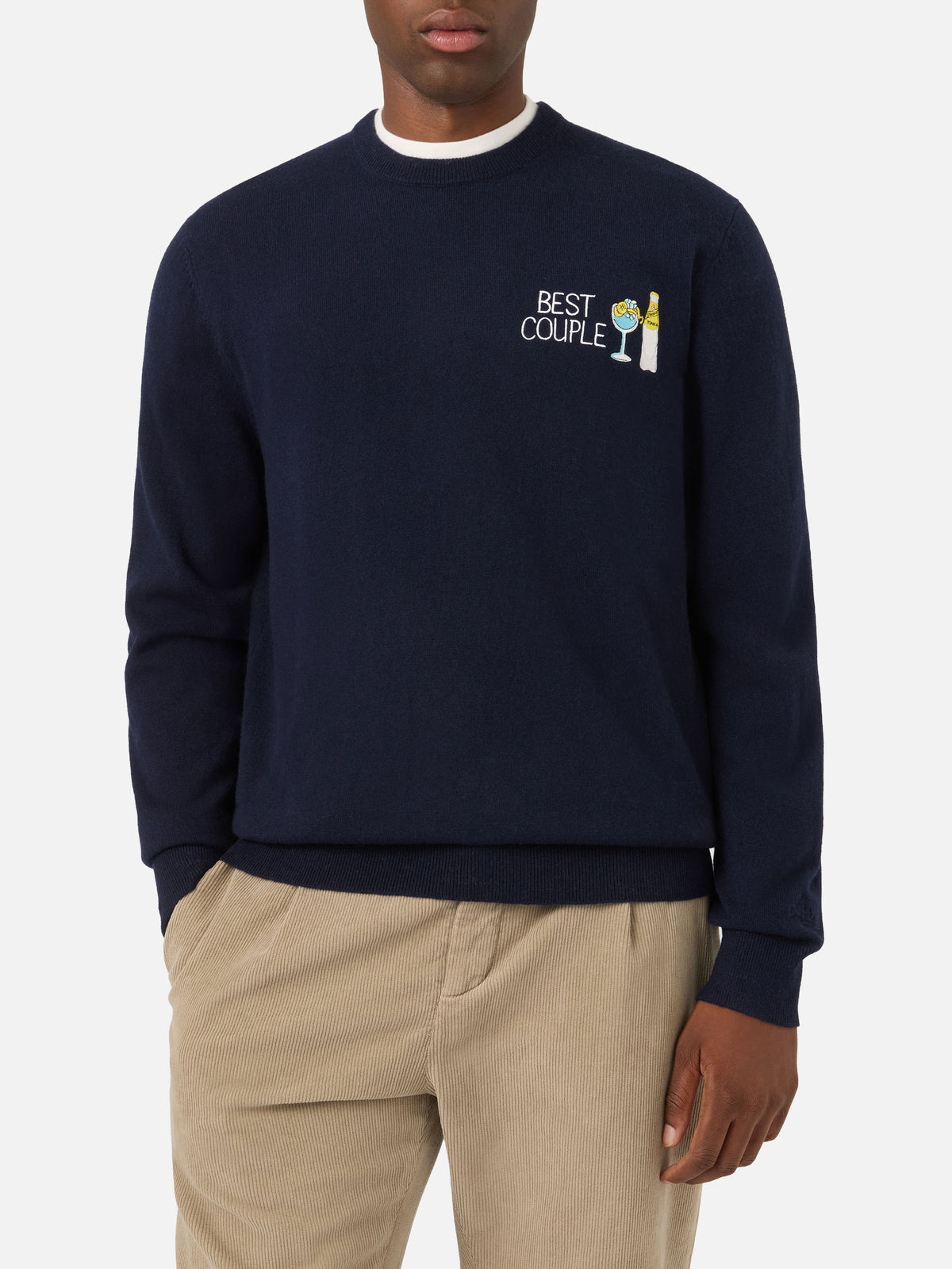 Marineblauer blue Heron Rundhals-Strickpullover mit Best Couple-Stickerei | Special edition 