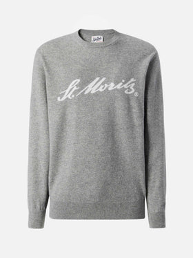 Grauer Heron Light Pullover aus 100 % Kaschmir mit St. Moritz Intarsien | ST. MORITZ TOP OF THE WORLD