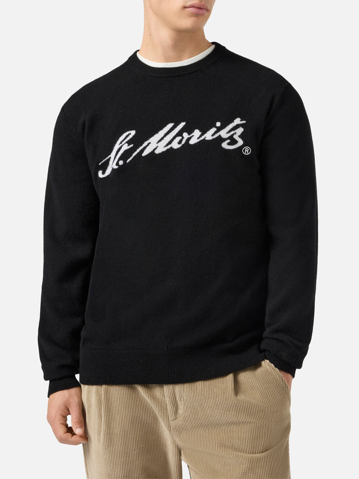 Heron Light Pullover aus 100 % schwarzem Kaschmir mit St. Moritz Intarsien | ST. MORITZ TOP OF THE WORLD