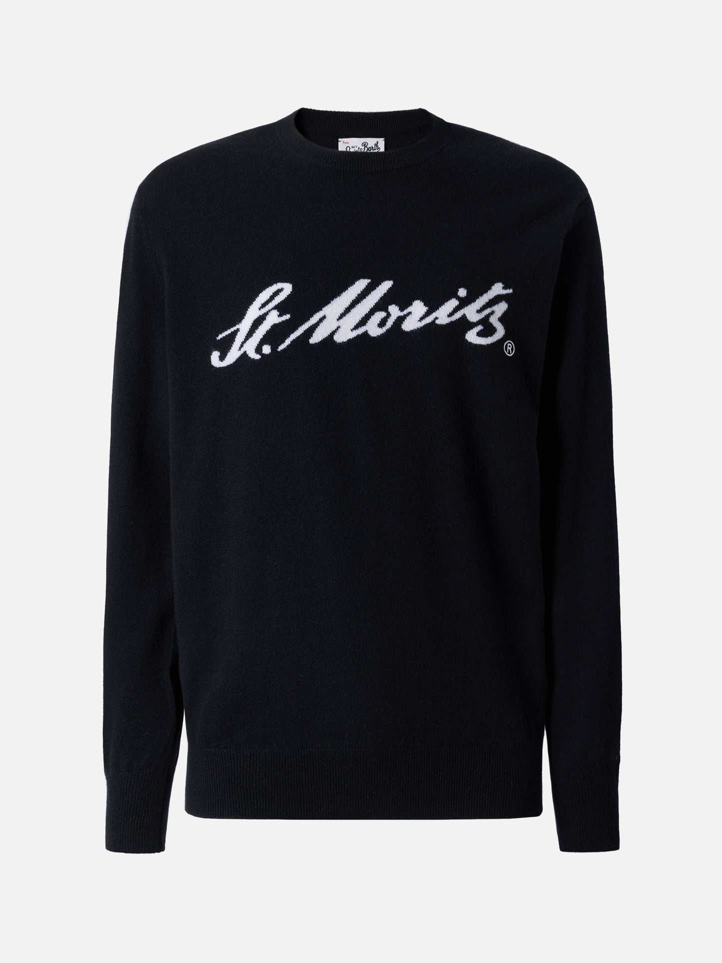 Heron Light Pullover aus 100 % schwarzem Kaschmir mit St. Moritz Intarsien | ST. MORITZ TOP OF THE WORLD