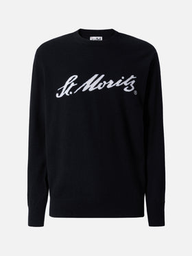 Heron Light Pullover aus 100 % schwarzem Kaschmir mit St. Moritz Intarsien | ST. MORITZ TOP OF THE WORLD