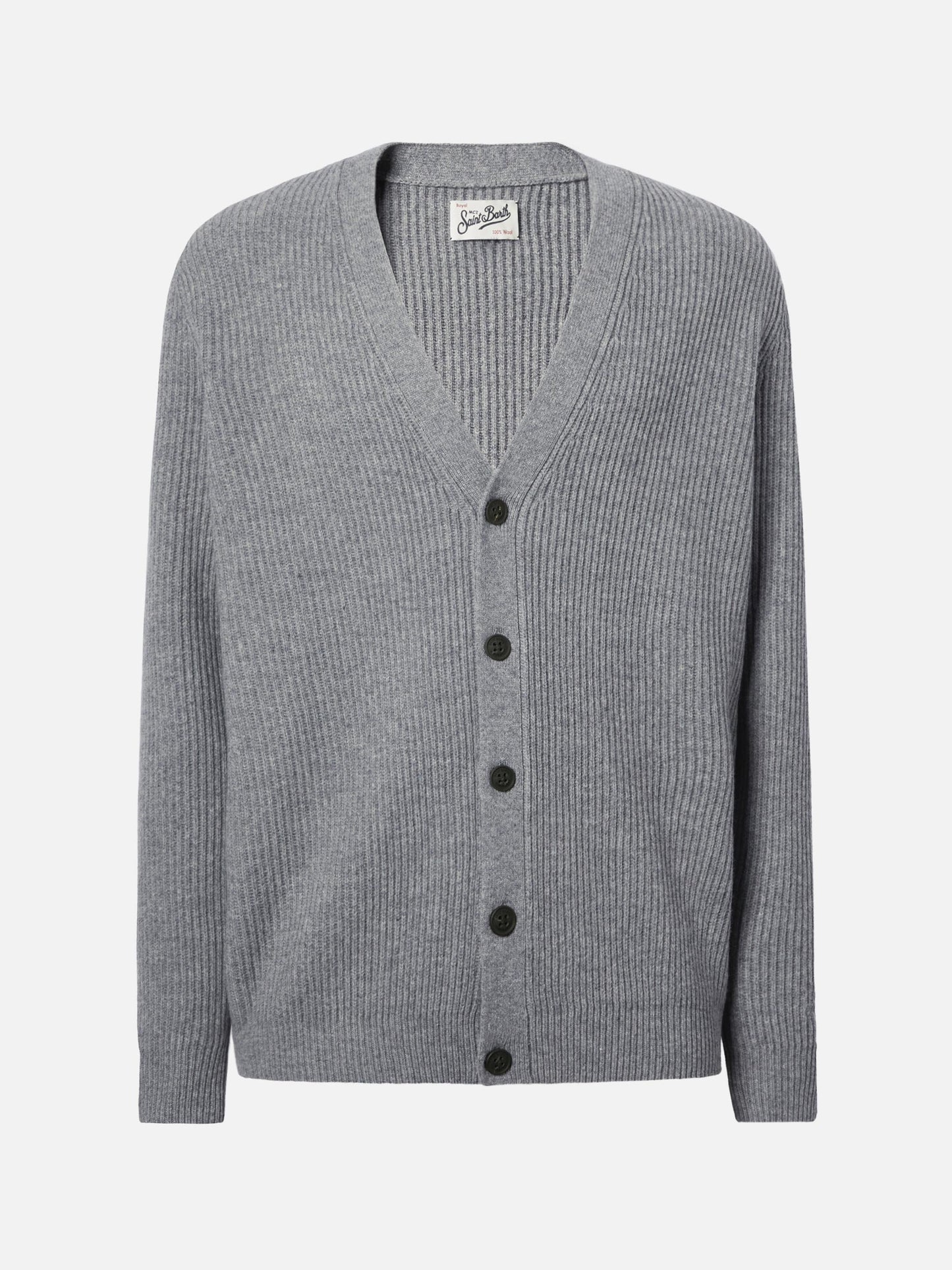 Herrison Strickjacke aus reiner Wolle in grauem Melange mit englischem Rippstrick