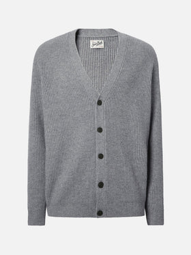 Herrison Strickjacke aus reiner Wolle in grauem Melange mit englischem Rippstrick