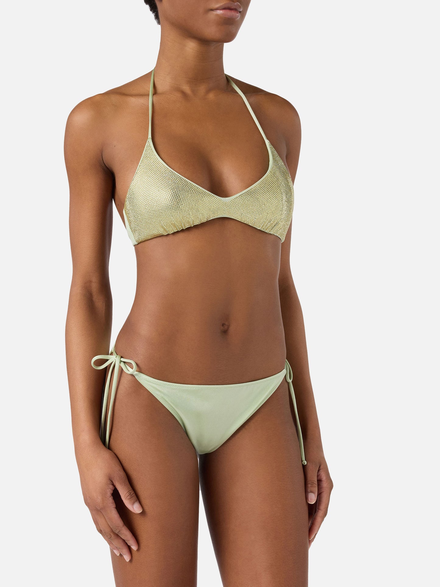 Hespera Virgo mint green glossy finish bikini with rhinestones