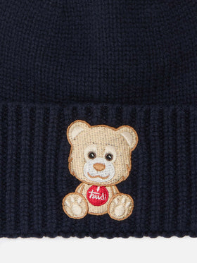 Holden cashmere-blend beanie in blue with Trudi bear embroidery | TRUDI SPECIAL EDITION