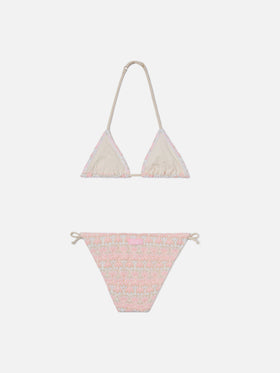 Bikini Holly rosa e panna in tessuto raschel floreale