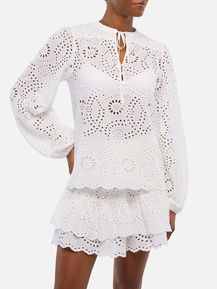 Blusa Harper de voile de seda en encaje Sangallo blanco 