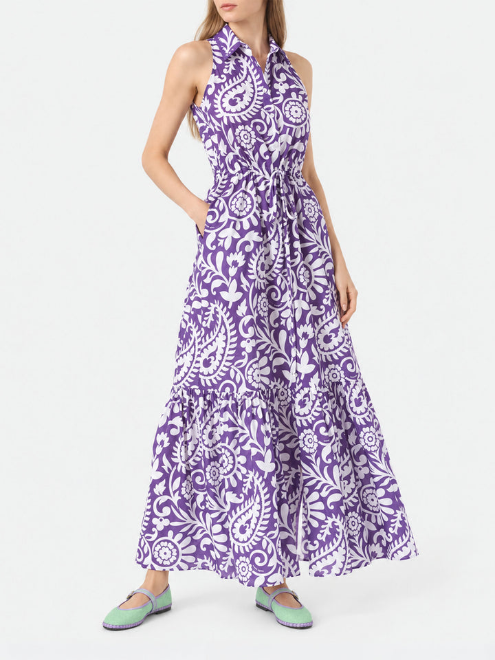Langes Ida Kleid aus violetter Baumwolle mit Paisley-Print 