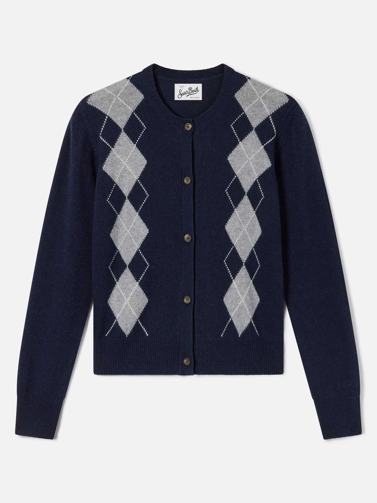Navy blue Sierra wool and cashmere blend cardigan with argyle pattern