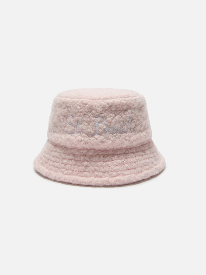 Sombrero bucket de sherpa rosa con bordado frontal 