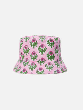 Wendbarer Fischerhut mit Boho-Blumenmuster und weißem Frottee