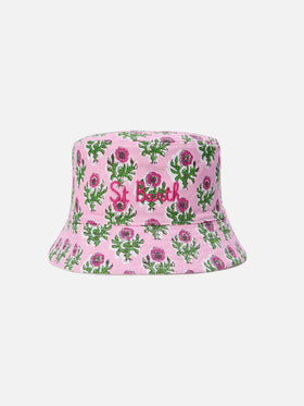 Wendbarer Fischerhut mit Boho-Blumenmuster und weißem Frottee