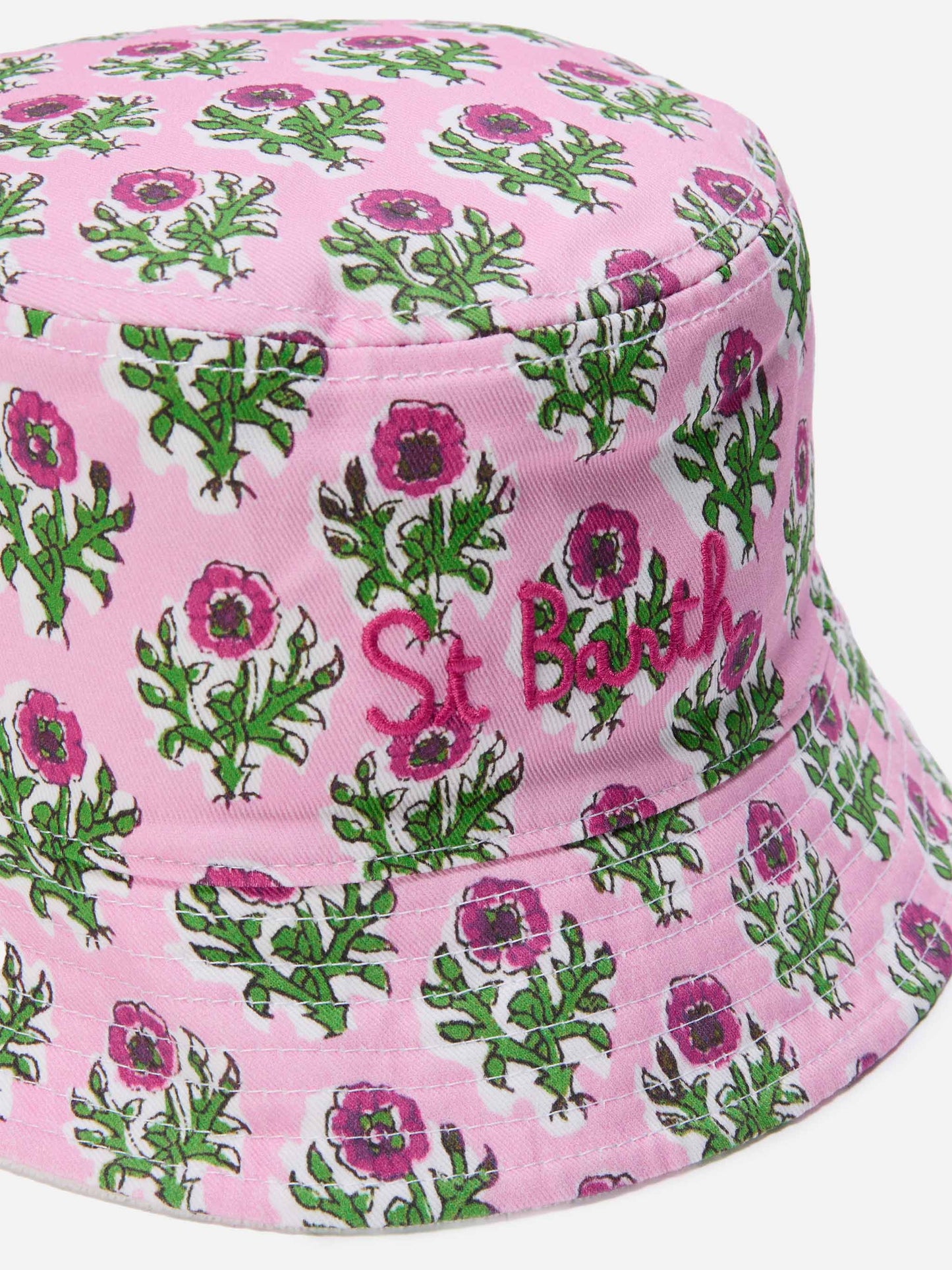 Wendbarer Fischerhut mit Boho-Blumenmuster und weißem Frottee