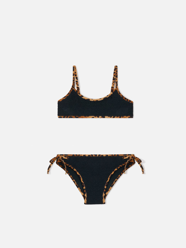 Bikini negro de tejido crinkle Jaiden String con ribetes de leopardo 