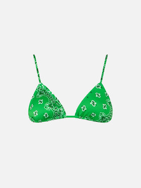 Top bikini Janet triangolo con fantasia bandana verde e charms