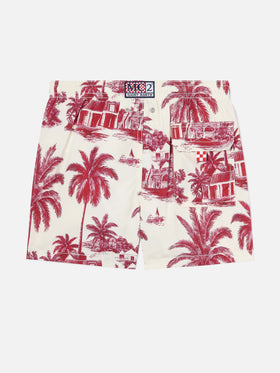 Short de bain Jean avec imprimé Toile de Jouy rouge 