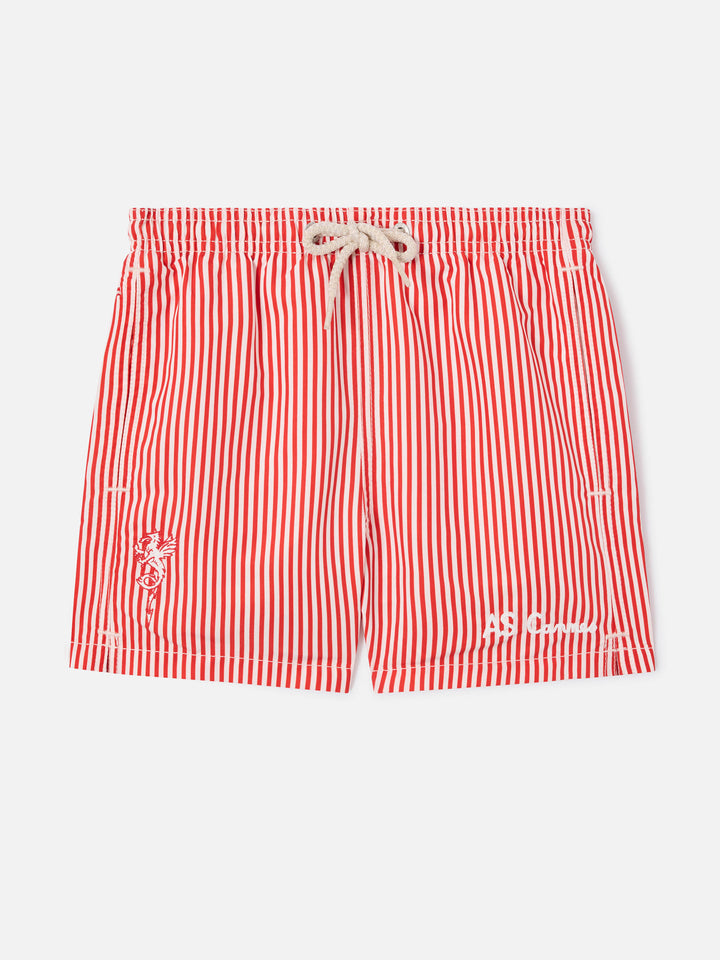 Jean red striped swim shorts with AS Cannes embroidery | AS CANNES SPECIAL EDITION