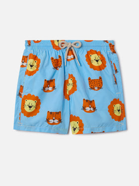 Boy lightweight fabric swim-shorts Jean Lighting with lions print