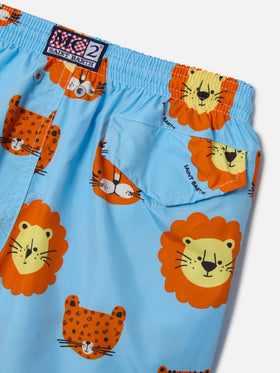 Boy lightweight fabric swim-shorts Jean Lighting with lions print