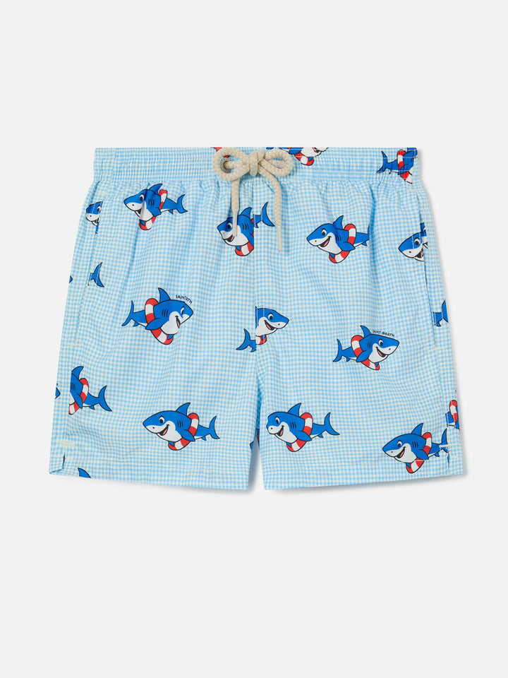 Jean Lighting swim shorts with Shark print on Gingham background