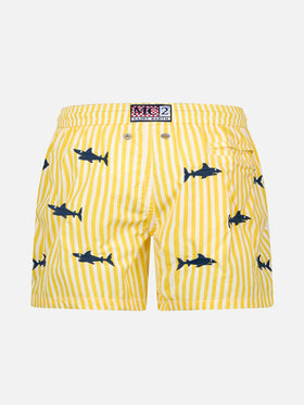 Boy seersucker swim-shorts Jean with sharks embroidery - MC2 Saint Barth