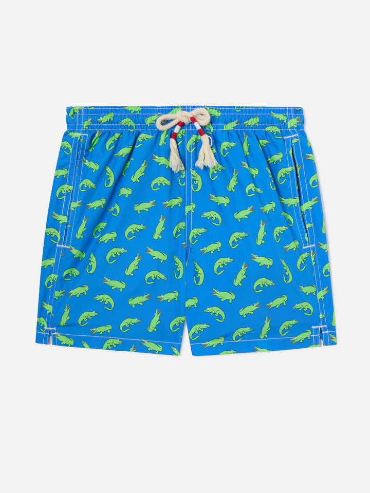 Jungen-Badeshorts in Bluette mit grünem Alligator-Print 