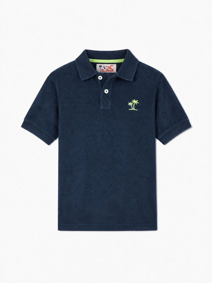 Polo da bambino in spugna blu con ricamo palme