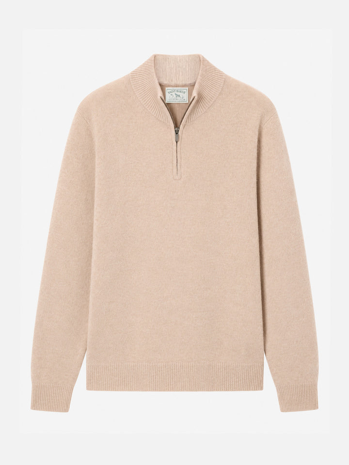 Suéter Jermyn con media cremallera en 100% lana de cordero beige 