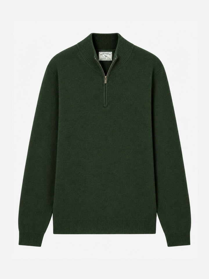 Jersey Jermyn con media cremallera en 100% lana de cordero verde musgo 
